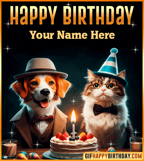 Gif Funny Cat Dog Happy Birthday  with name edit